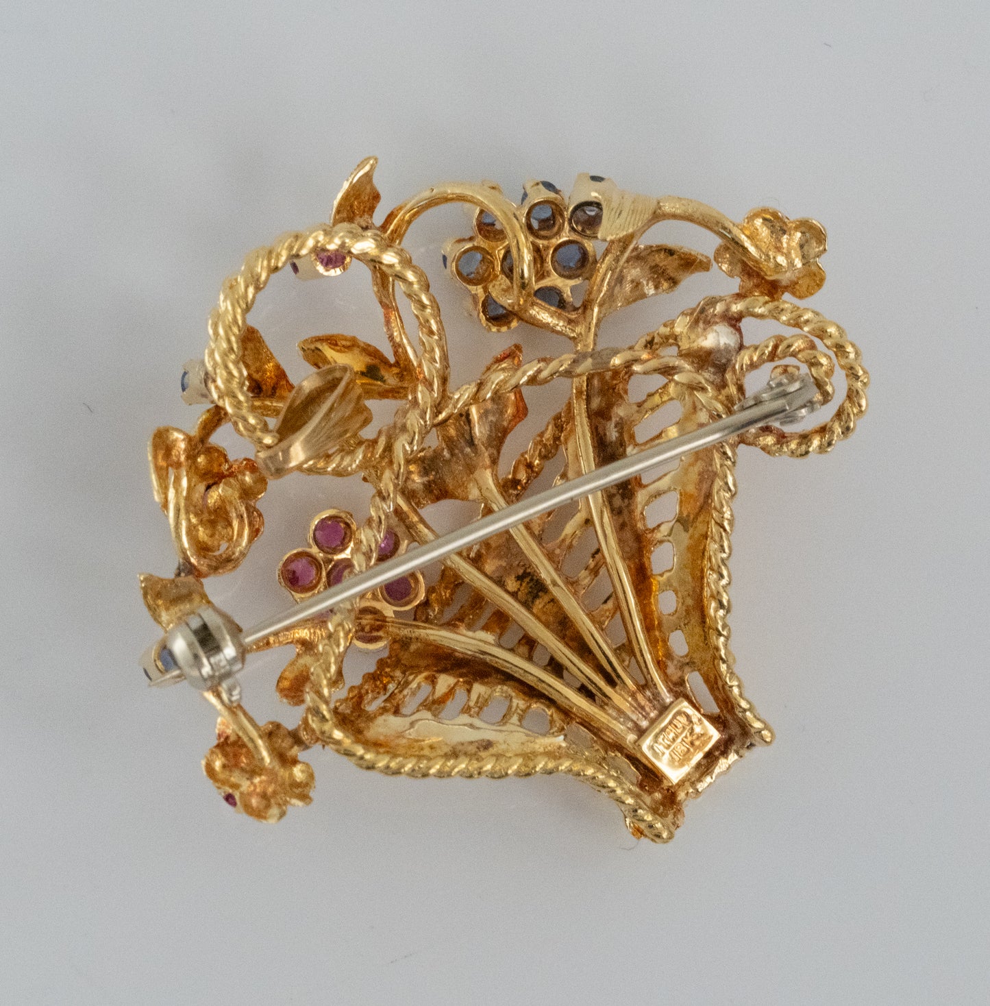 Lovely 18K Vintage Basket Brooch / Pendant with Sapphires and Rubies. - Premium Brooch from All The Best Vintage - Just $1195! Shop now at All The Best Vintage