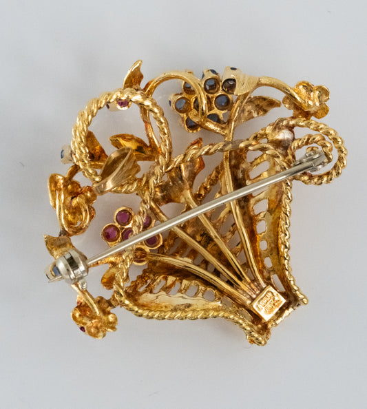 Lovely 18K Vintage Basket Brooch / Pendant with Sapphires and Rubies. - Premium Brooch from All The Best Vintage - Just $1195! Shop now at All The Best Vintage