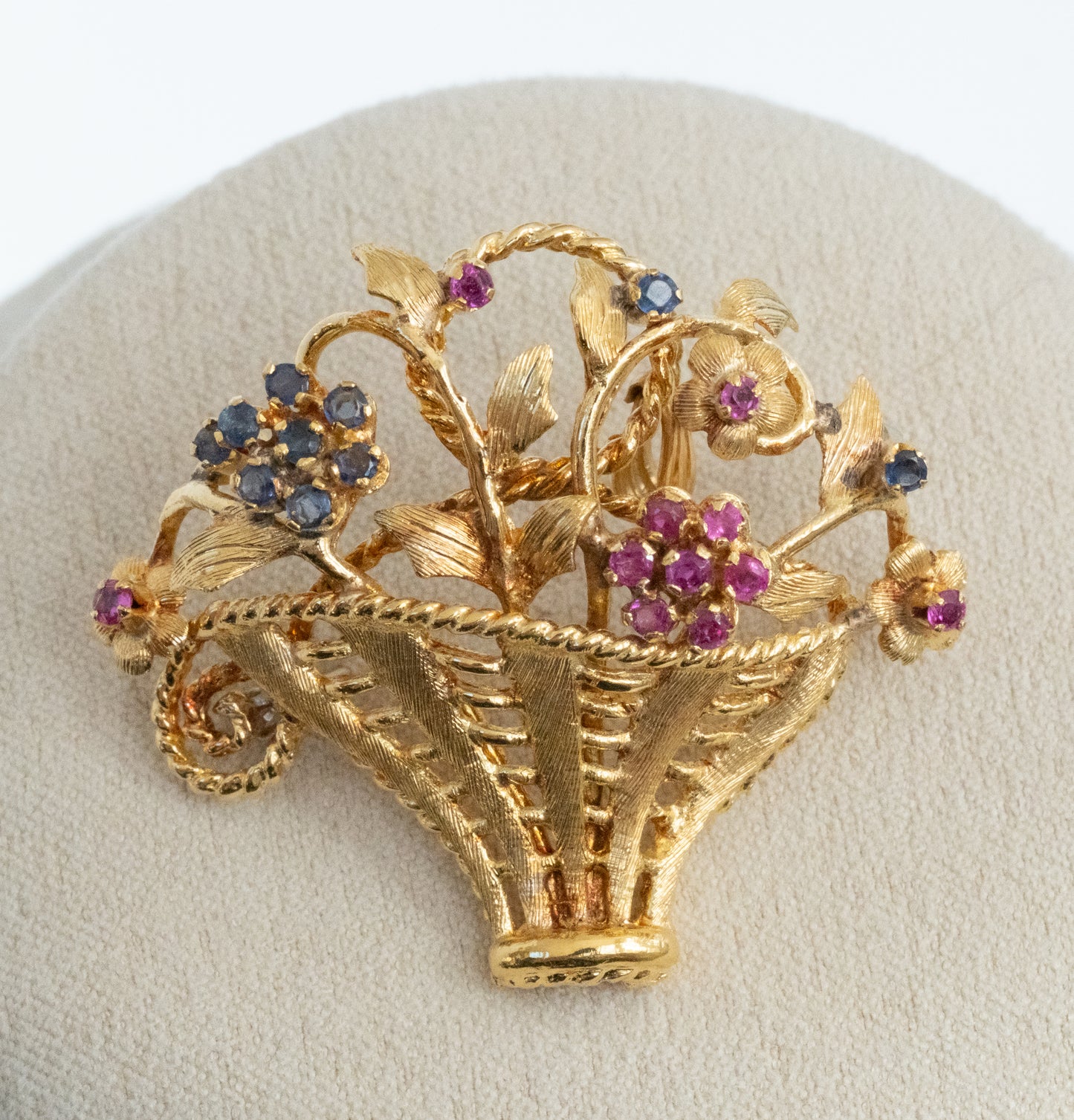 Lovely 18K Vintage Basket Brooch / Pendant with Sapphires and Rubies. - Premium Brooch from All The Best Vintage - Just $1195! Shop now at All The Best Vintage