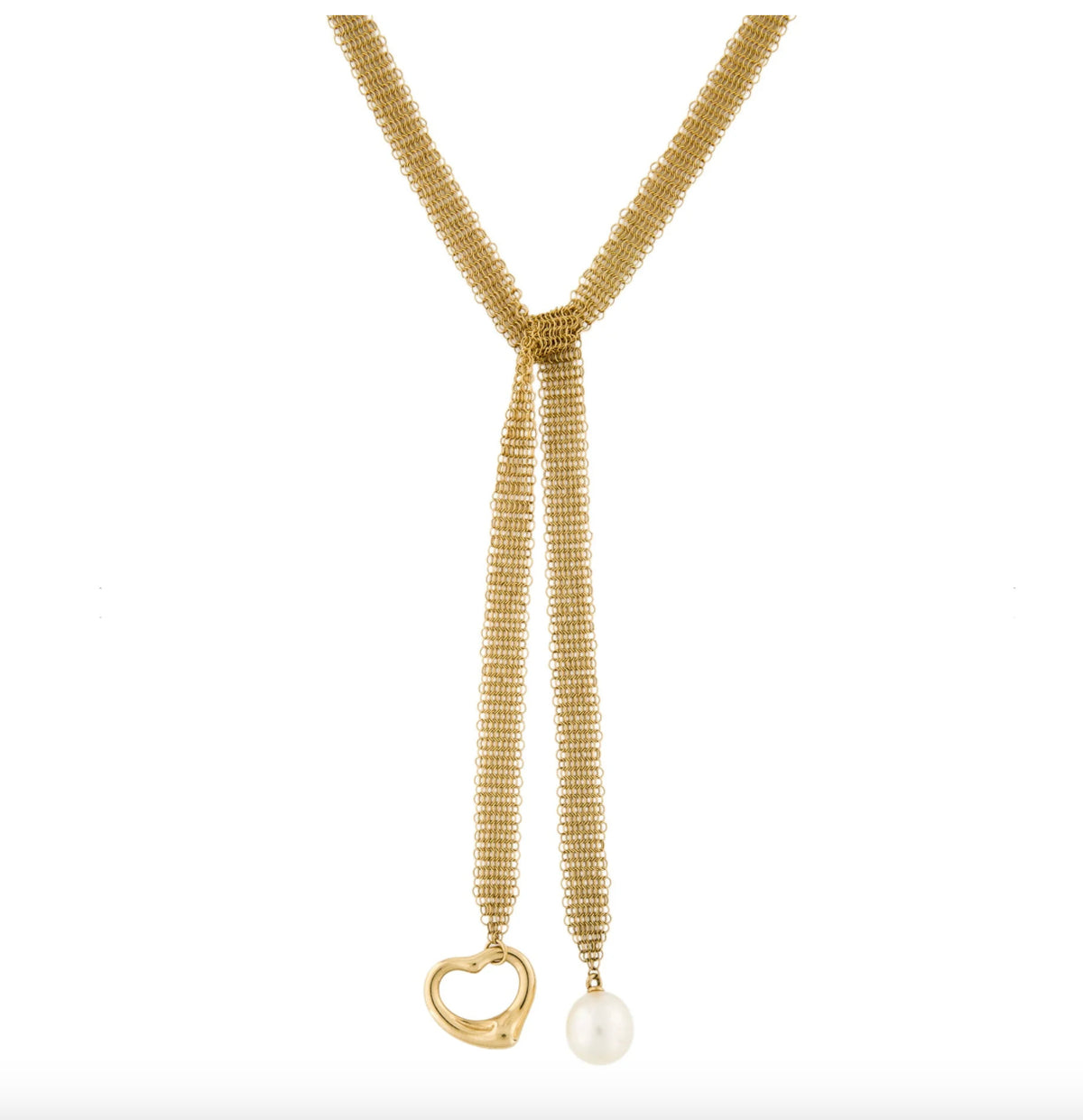 Elsa Peretti for Tiffany & Co. 18K Gold Mesh Lariat with Open Heart & Pearl Original listing - Premium Necklace from All The Best Vintage - Just $6200! Shop now at All The Best Vintage