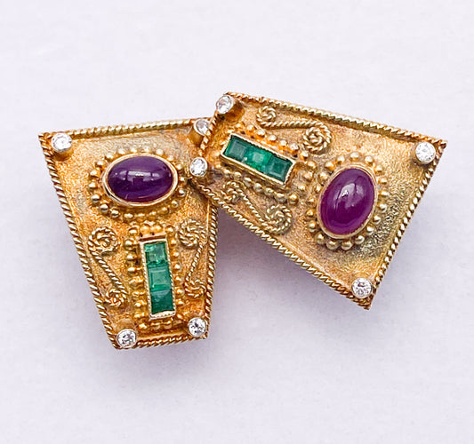 Vintage GIKAS 18K Diamond, Ruby and Emerald Earrings - Premium from All The Best Vintage - Just $1495! Shop now at All The Best Vintage