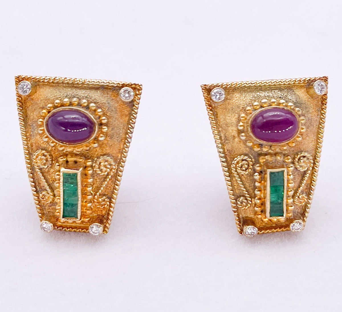 Vintage GIKAS 18K Diamond, Ruby and Emerald Earrings - Premium from All The Best Vintage - Just $1495! Shop now at All The Best Vintage