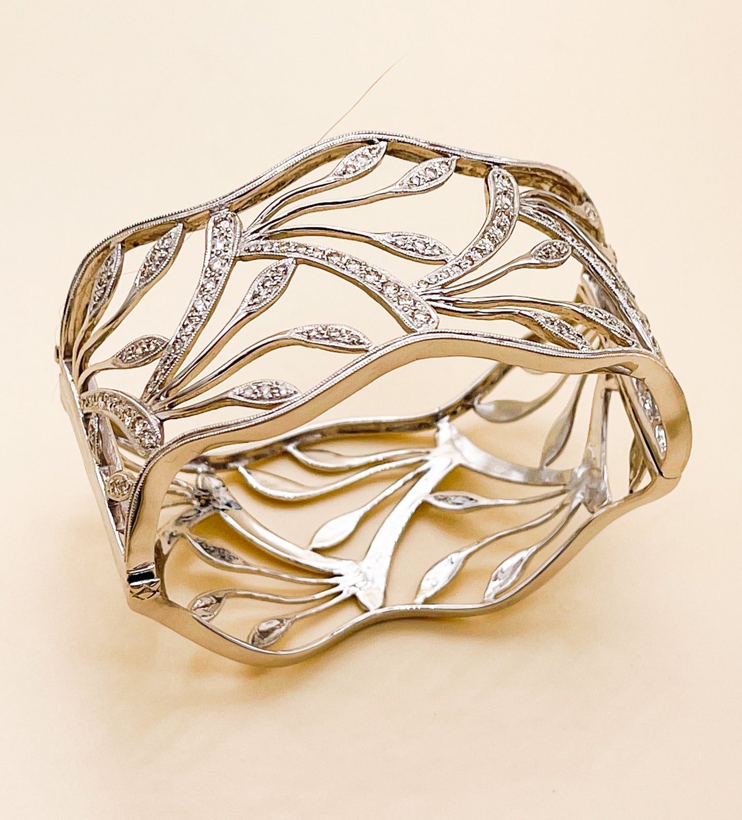 14K DIAMOND FLORAL OPEN WORK HINGED BANGLE - Premium from All The Best Vintage - Just $2900! Shop now at All The Best Vintage