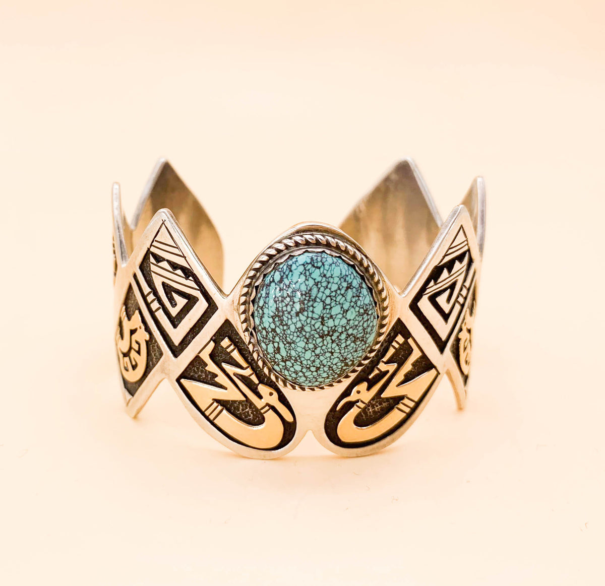 Vintage Leal Damon Sterling 14K and Turquoise Cuff - Superb - Premium from All The Best Vintage - Just $895! Shop now at All The Best Vintage