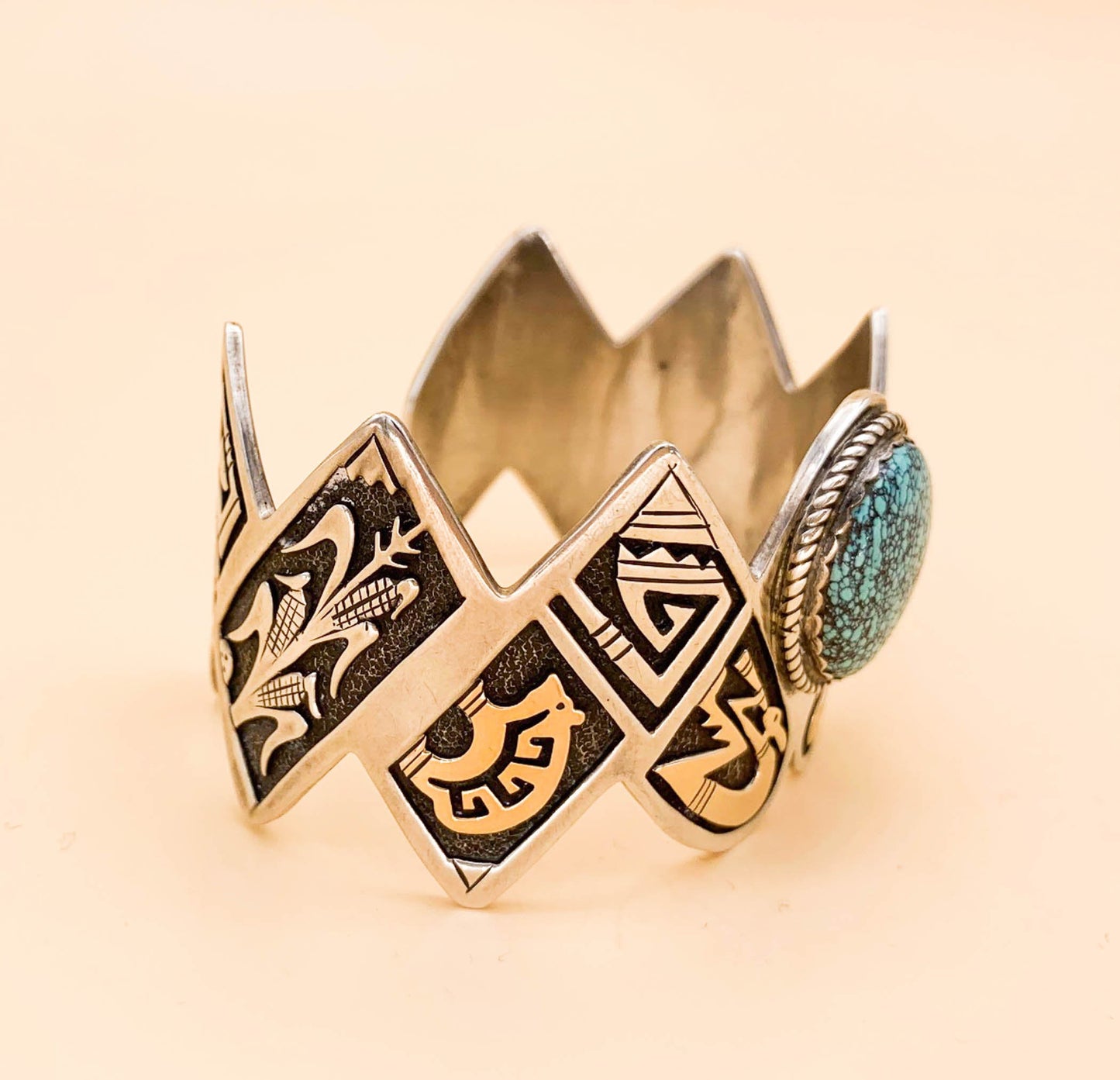 Vintage Leal Damon Sterling 14K and Turquoise Cuff - Superb - Premium from All The Best Vintage - Just $895! Shop now at All The Best Vintage