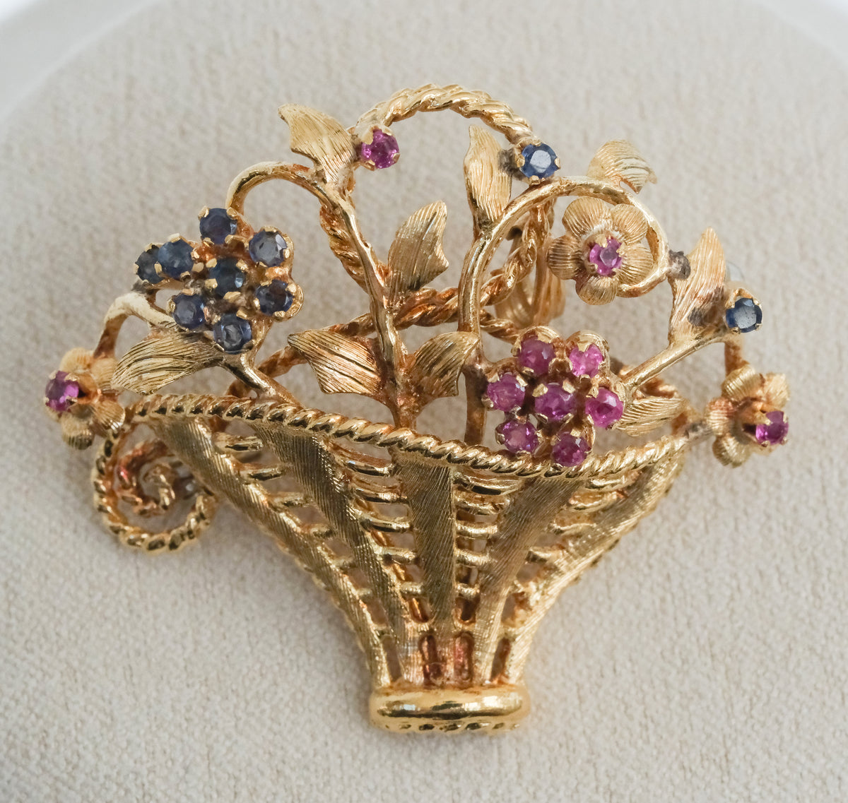 Lovely 18K Vintage Basket Brooch / Pendant with Sapphires and Rubies. - Premium Brooch from All The Best Vintage - Just $1195! Shop now at All The Best Vintage