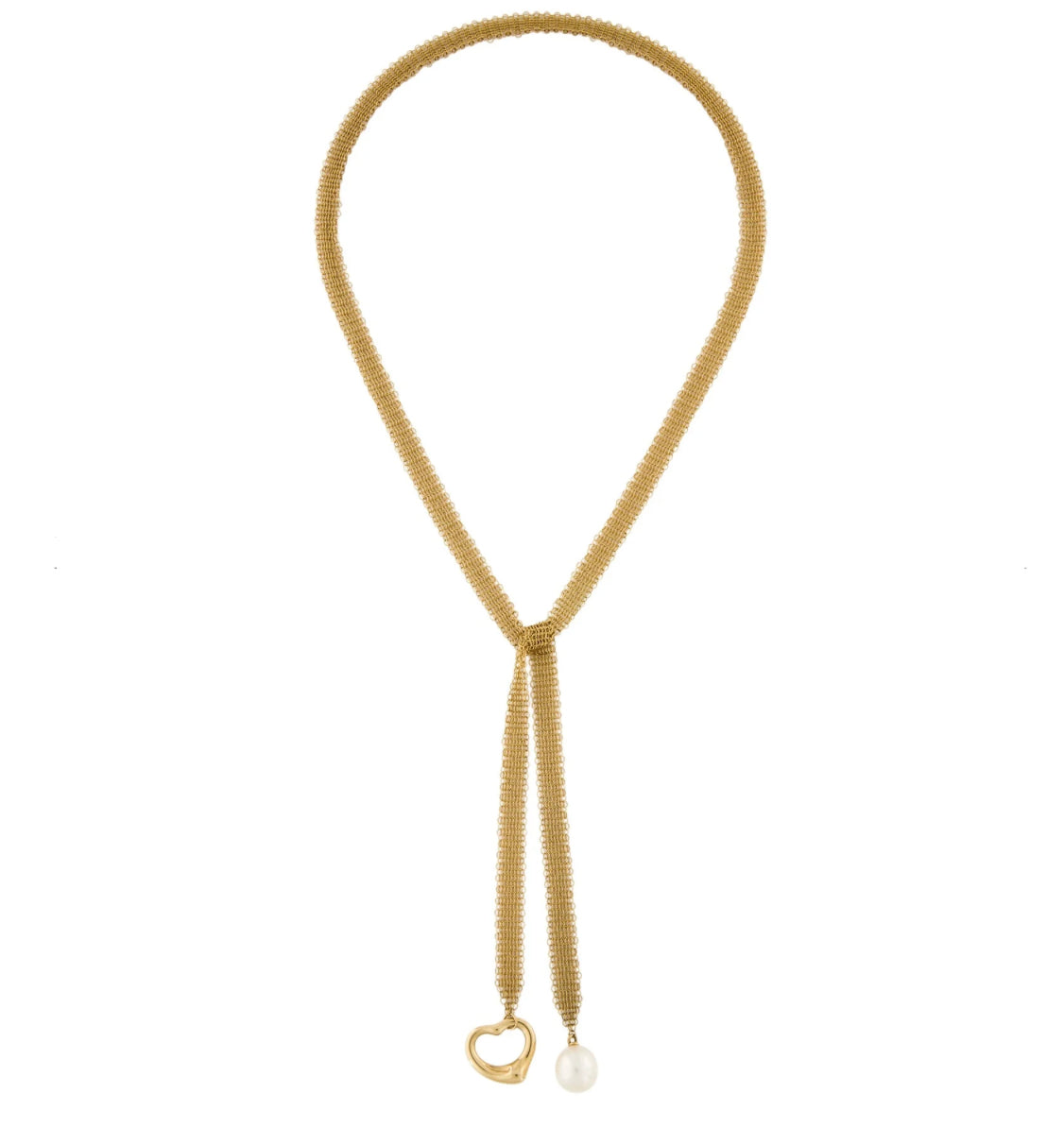 Elsa Peretti for Tiffany & Co. 18K Gold Mesh Lariat with Open Heart & Pearl Original listing - Premium Necklace from All The Best Vintage - Just $6200! Shop now at All The Best Vintage